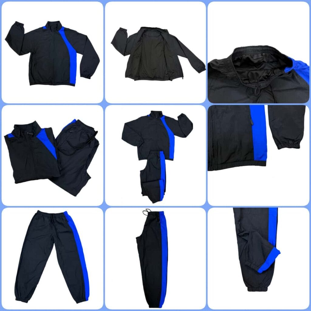 Tensuit black blue color block nylon tracksuit flat lay collage, 2 piece jacket and jogger pants set