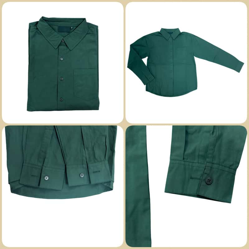 Tensuit unisex dark green combed cotton shirt collage, folded, flat lay and cuff detail shots