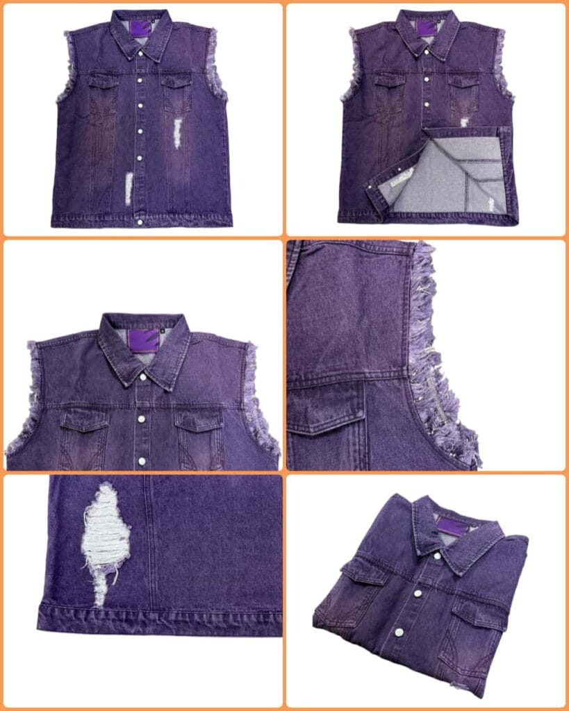 Tensuit purple distressed denim vest flat lay details, frayed edge, ripped destroy, chest pockets