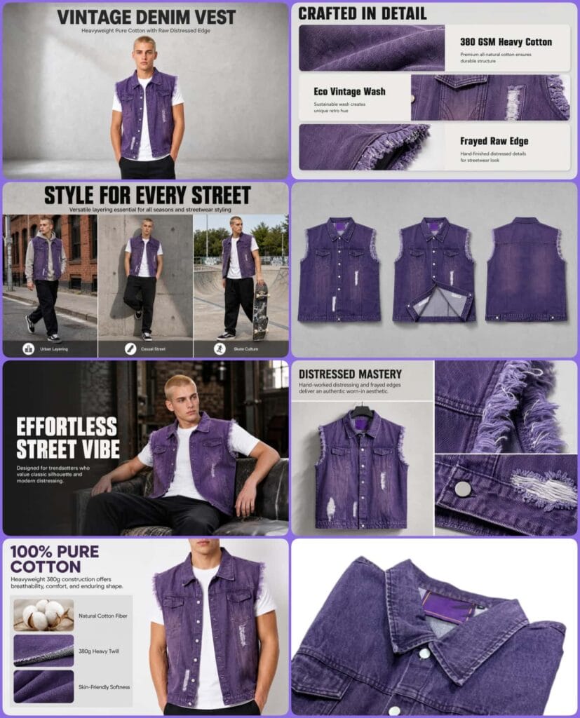 Tensuit vintage denim vest selling point infographic, 380gsm pure cotton, eco vintage wash, frayed raw edge