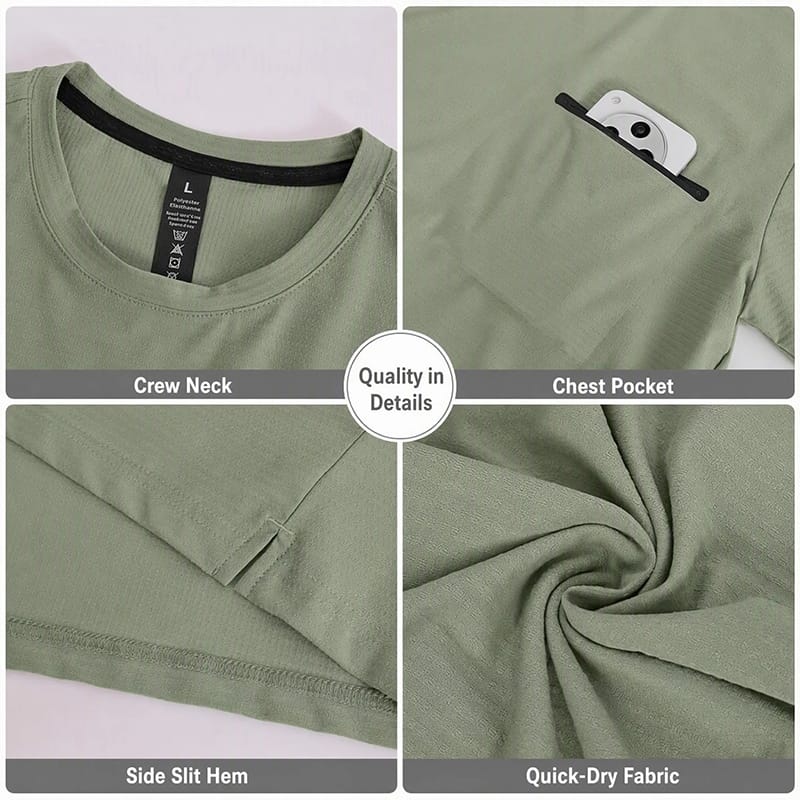 Tensuit P178 sports t-shirt detail collage, crew neck, zipper chest pocket, side slit hem, quick dry fabric