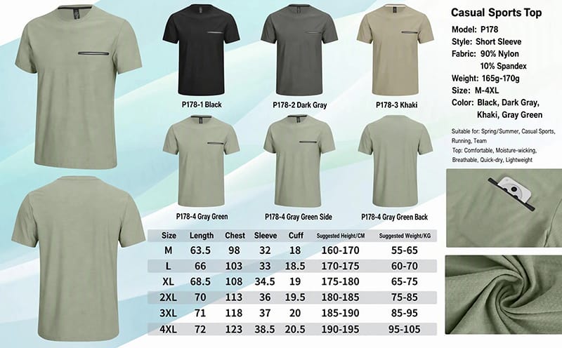 Tensuit P178 men quick dry sports t-shirt color options and size chart