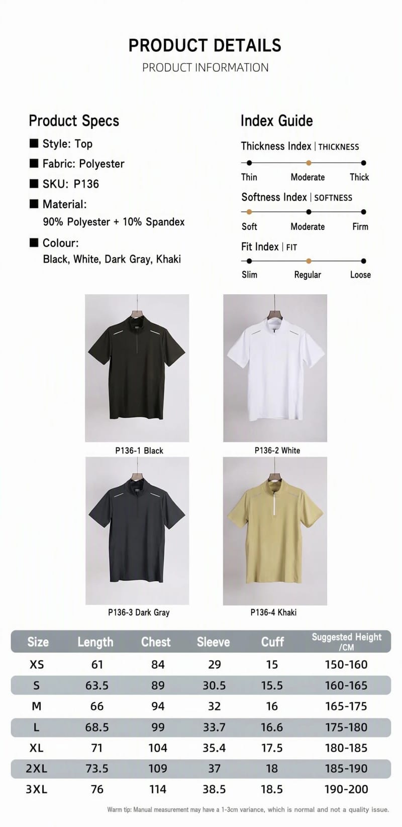 Tensuit P136 quarter zip athletic shirt product details, fabric info, color options and size chart