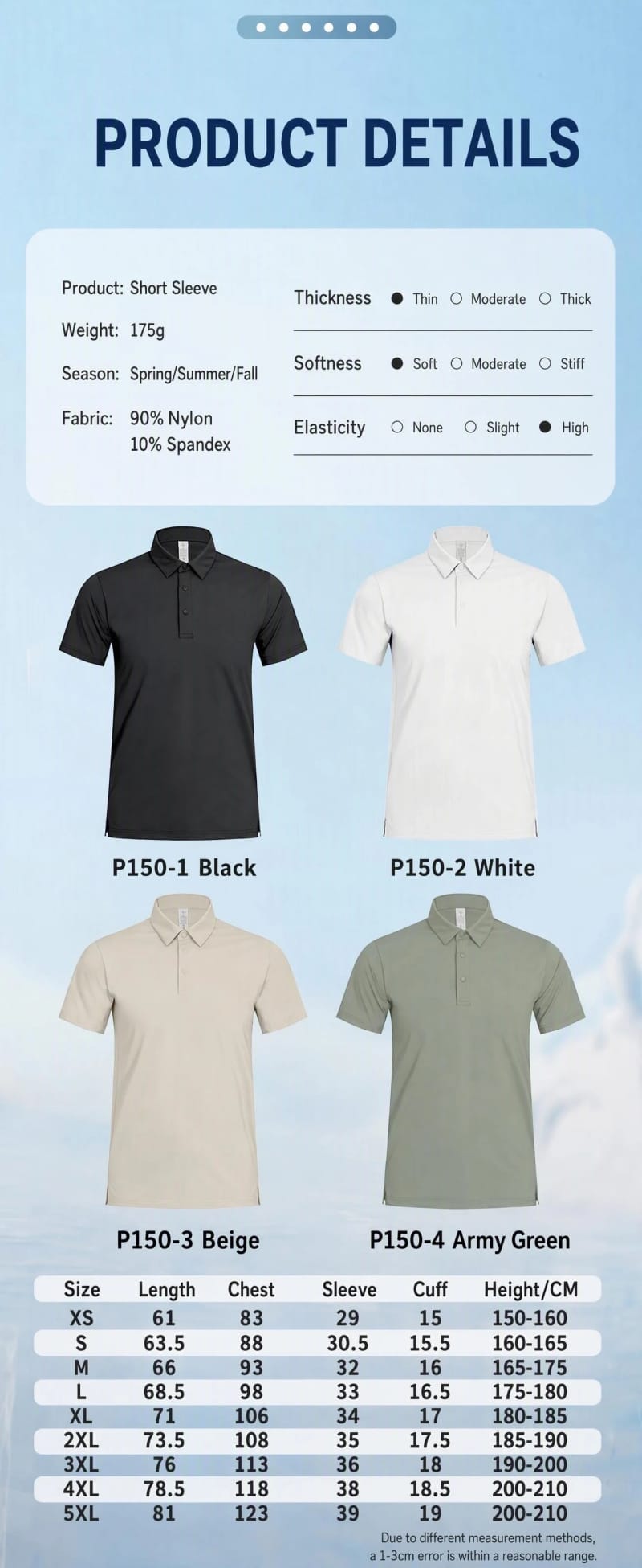Tensuit P150 men performance polo shirt product details, nylon spandex fabric, color options and full size chart