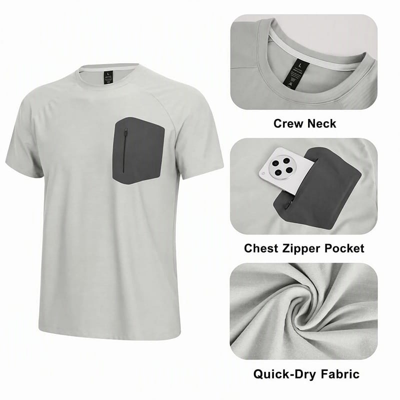 Tensuit P177 sports t-shirt details, crew neck, zipper chest pocket, quick dry fabric