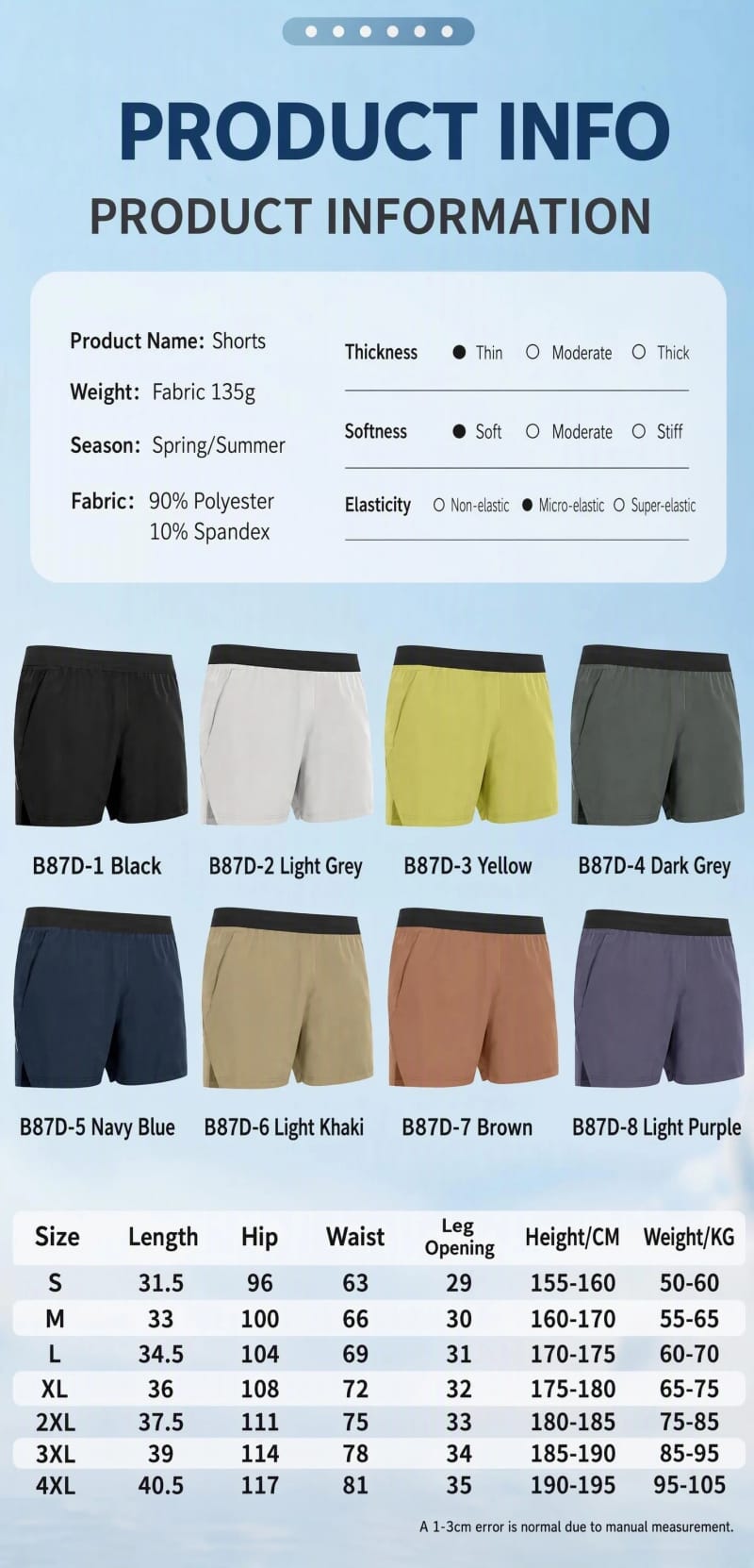 Tensuit men athletic running shorts product info, 8 color options and size chart S-4XL