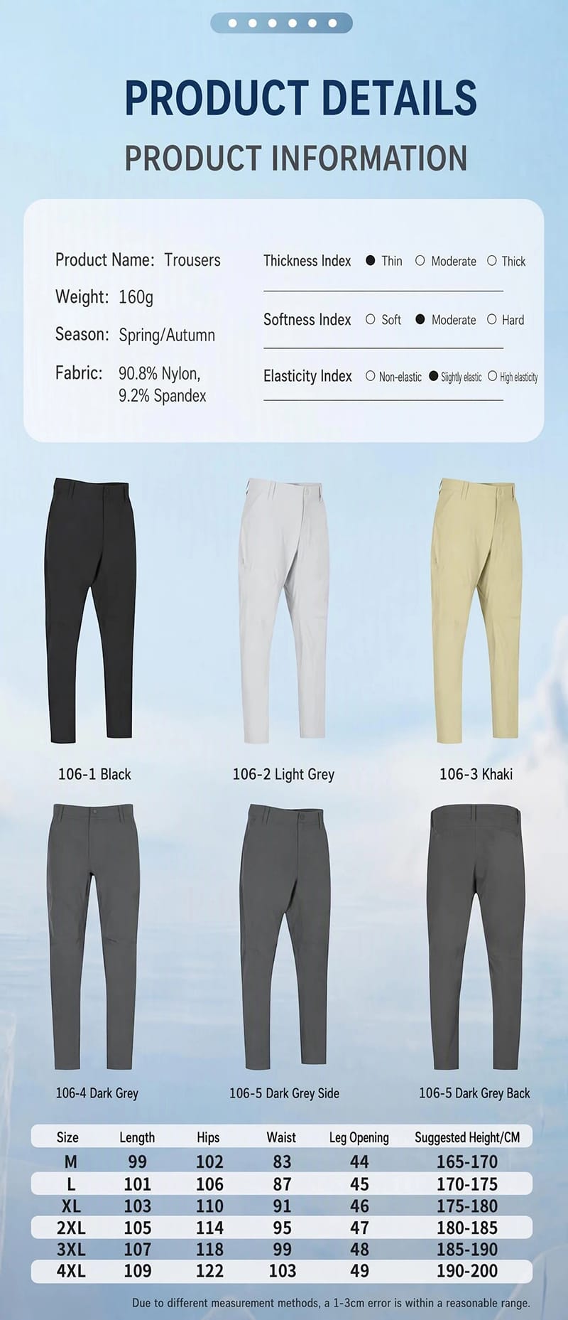 Tensuit men outdoor hiking pants product details, color options, full size chart M-4XL