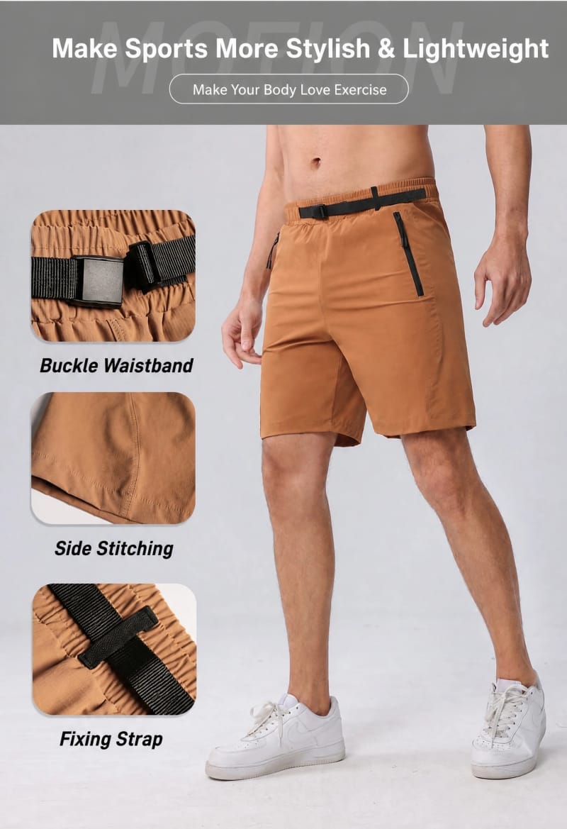 Tensuit B69D men hiking shorts on model, buckle waistband, side stitching and fixing strap details