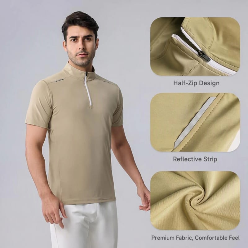 Tensuit P136 men quarter zip athletic t-shirt, half-zip design, reflective strip and soft polyester spandex fabric detail