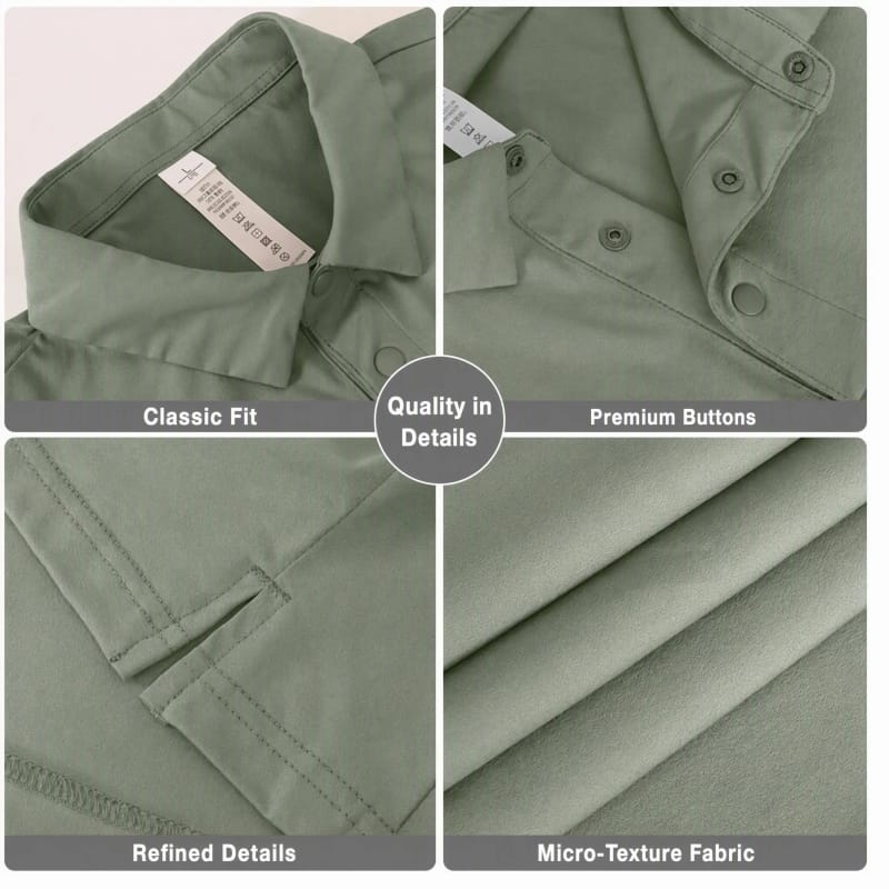 Tensuit P150 polo shirt detail collage, collar, premium buttons, stitching and micro-texture fabric