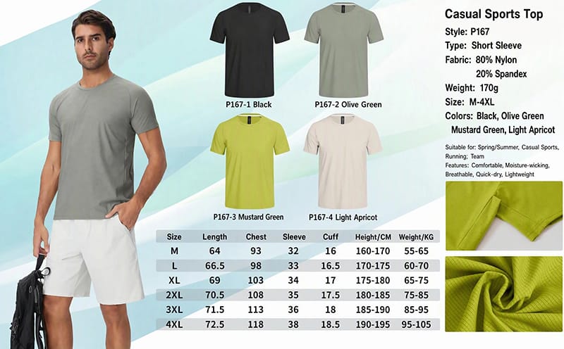 Tensuit P167 men quick dry sports t-shirt size chart and color options