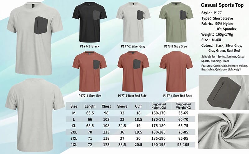 Tensuit P177 men quick dry sports t-shirt color options and size chart
