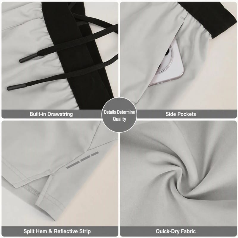 Tensuit men running shorts detail collage: built-in drawstring, side pockets, split hem reflective strip, quick dry fabric