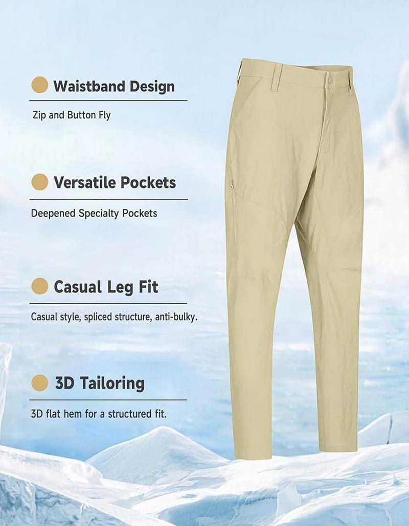 Tensuit men hiking pants detail infographic, waistband, multi pockets, casual fit, 3D tailoring
