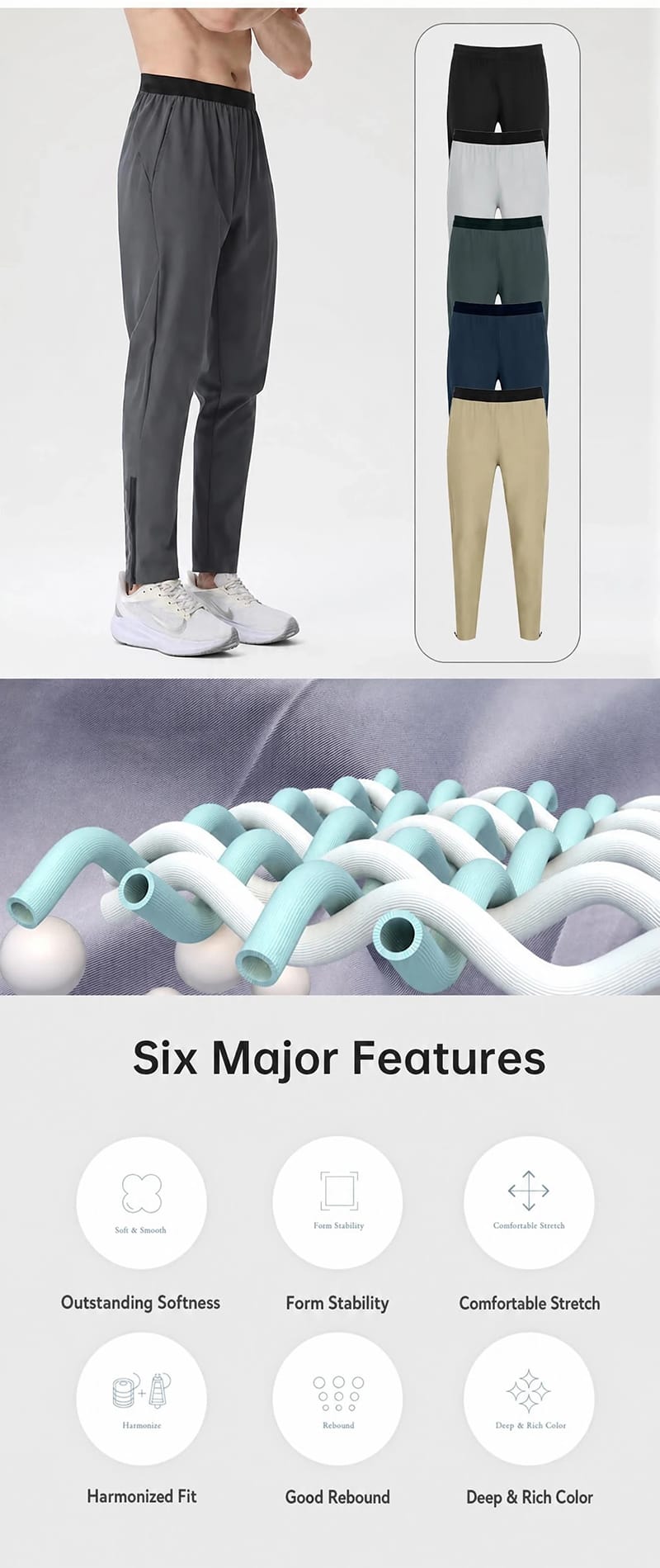 Tensuit men running pants fabric 6 major features infographic, soft smooth stretch stable