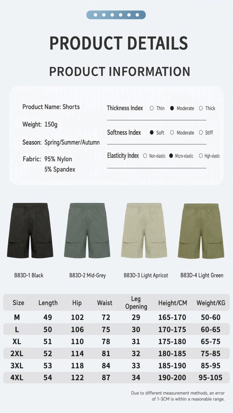 Tensuit men outdoor cargo shorts product spec sheet, color options and size chart