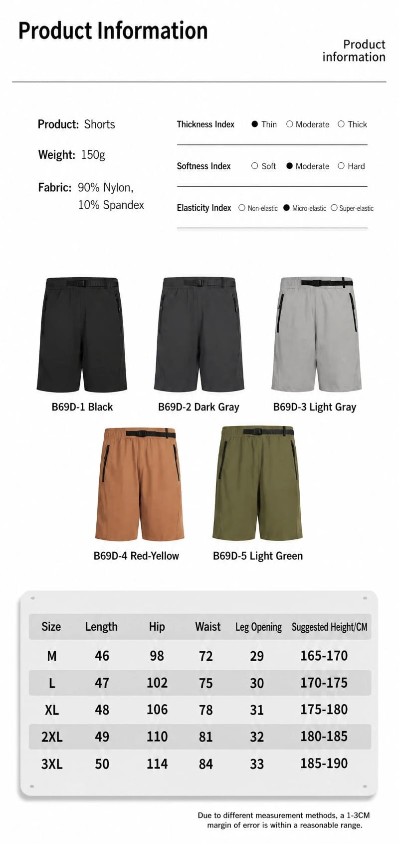 Tensuit B69D men hiking shorts product information, fabric specs, color options and size chart