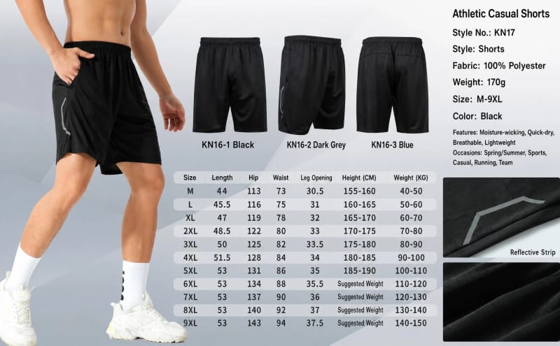 Tensuit men athletic sports shorts product info, color options, size chart M-9XL, fabric and reflective strip details