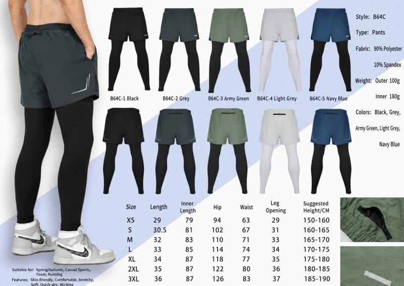 Tensuit men 2 in1 running shorts size chart color chart specifications
