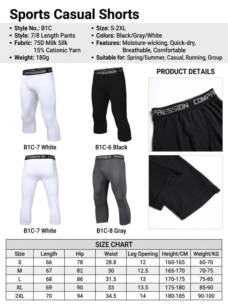 Tensuit B1C men 7/8 compression pants 3 colors black white gray workout running capri leggings