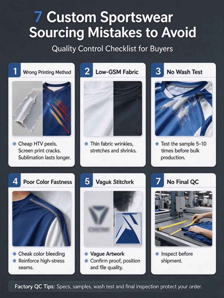 7 custom sportswear sourcing mistakes infographic, avoid peel fade shrink quality issues
